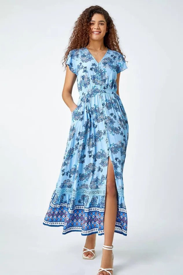 Women Floral Print Shirred Waist Maxi Dress Roman Dresses
