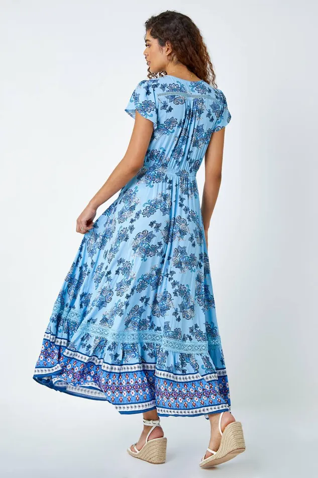 Women Floral Print Shirred Waist Maxi Dress Roman Dresses