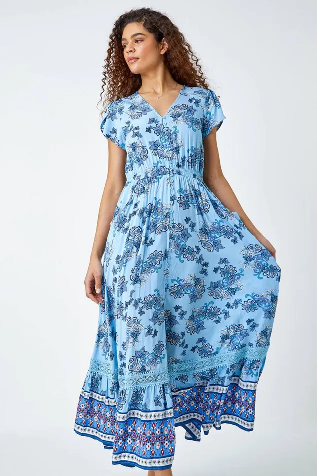 Women Floral Print Shirred Waist Maxi Dress Roman Dresses