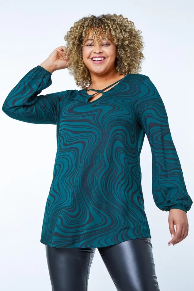 Women Forest Curve Cross Neck Marble Print Top Roman Tops