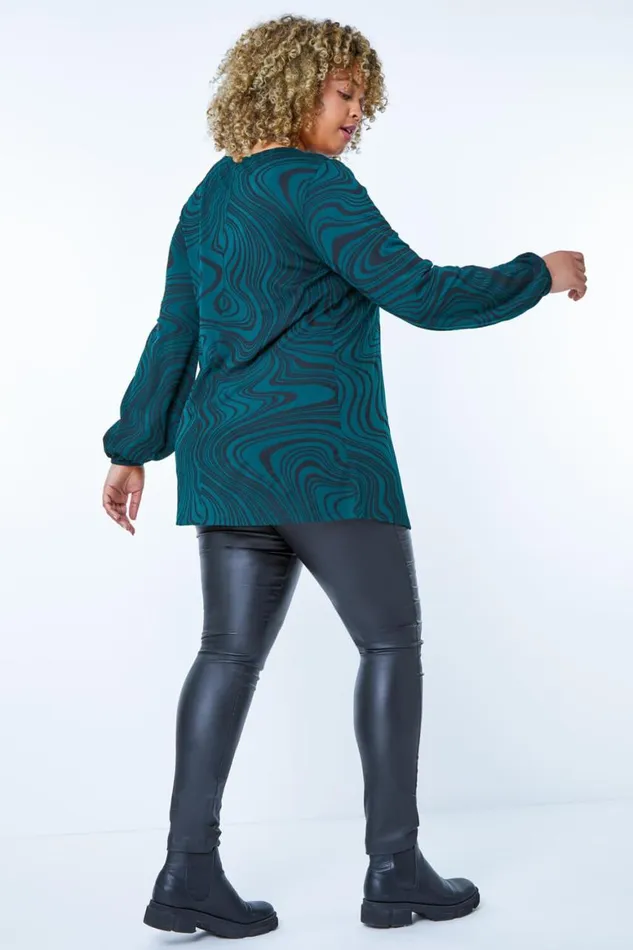 Women Forest Curve Cross Neck Marble Print Top Roman Tops
