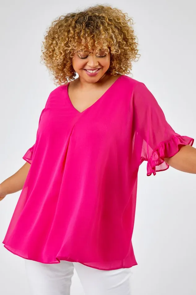 Women Fuchsia Curve Frill Sleeve Pleat Detail Top Roman Tops