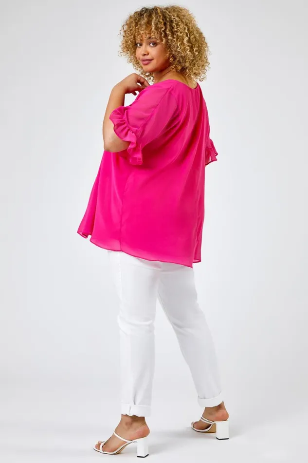 Women Fuchsia Curve Frill Sleeve Pleat Detail Top Roman Tops