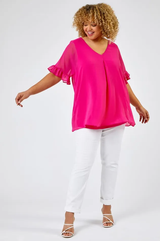 Women Fuchsia Curve Frill Sleeve Pleat Detail Top Roman Tops