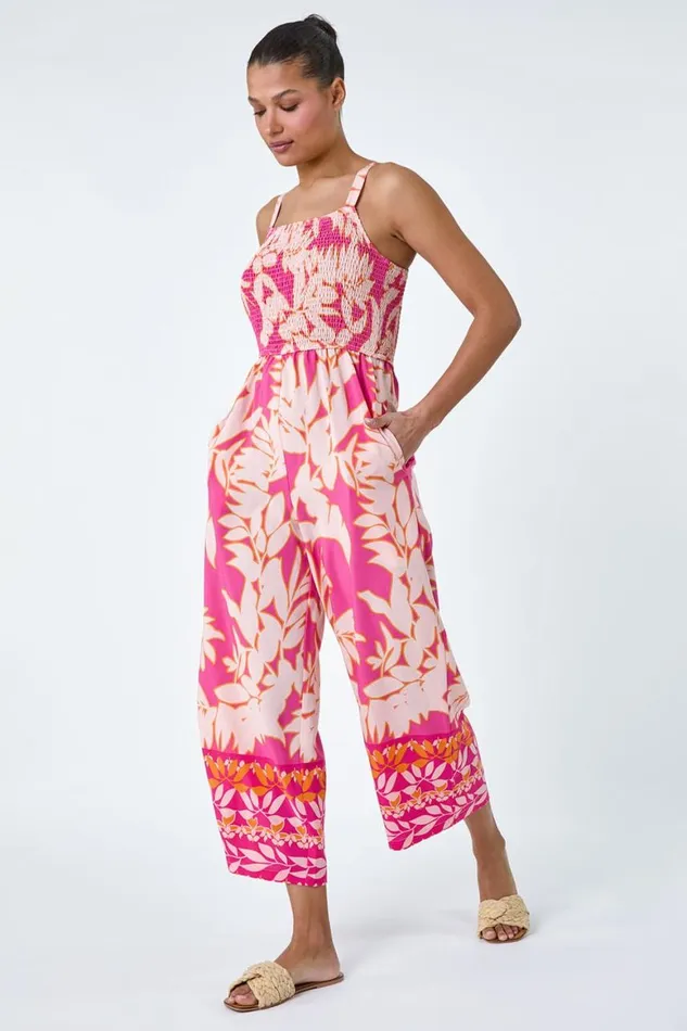 Women Fuchsia Floral Border Print Crop Stretch Jumpsuit Roman Dresses