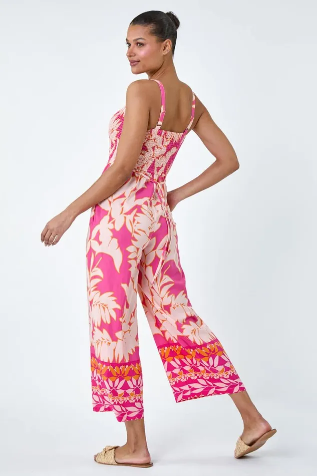 Women Fuchsia Floral Border Print Crop Stretch Jumpsuit Roman Dresses
