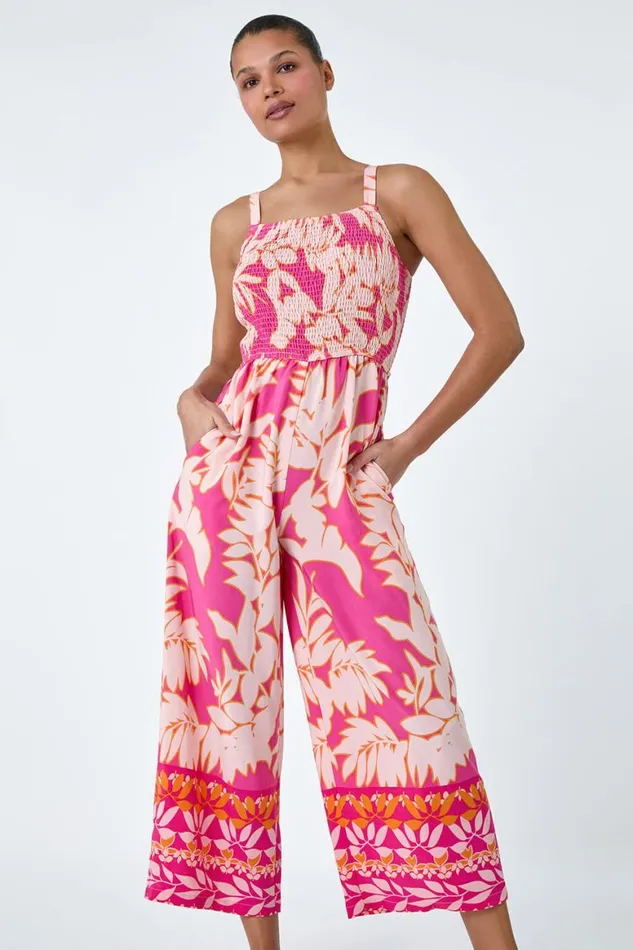 Women Fuchsia Floral Border Print Crop Stretch Jumpsuit Roman Dresses
