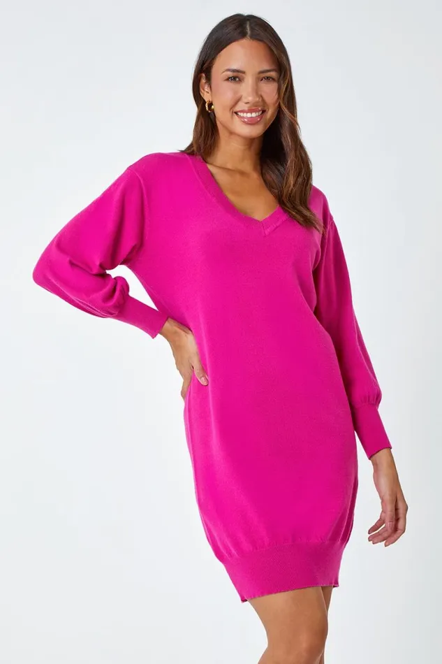 Women Fuchsia Knitted Jumper Dress Roman Dresses