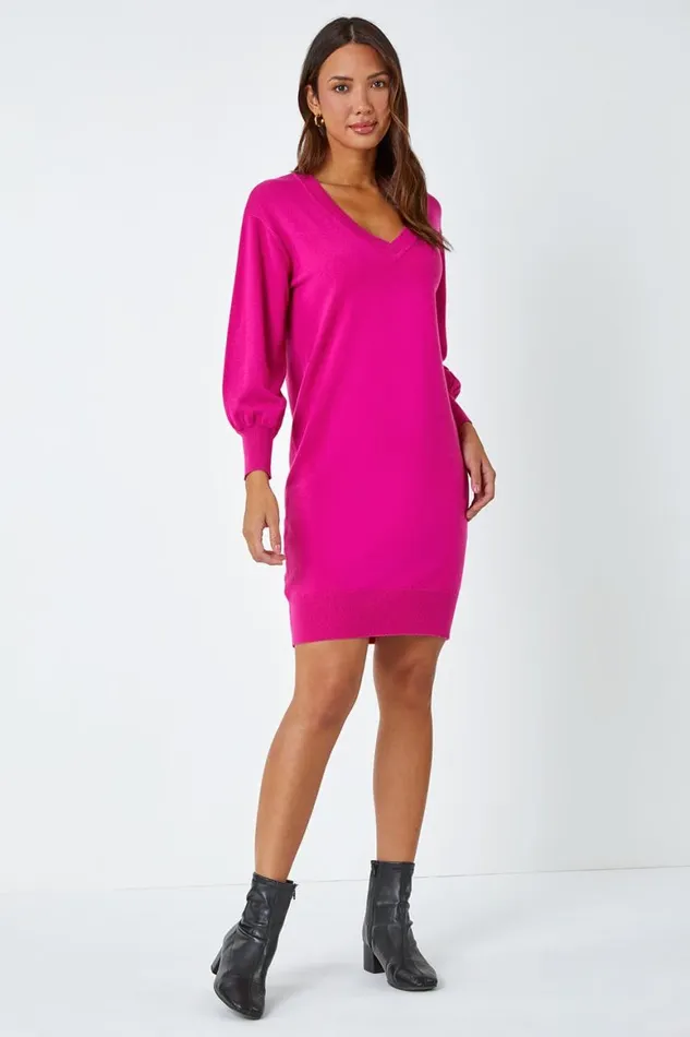Women Fuchsia Knitted Jumper Dress Roman Dresses
