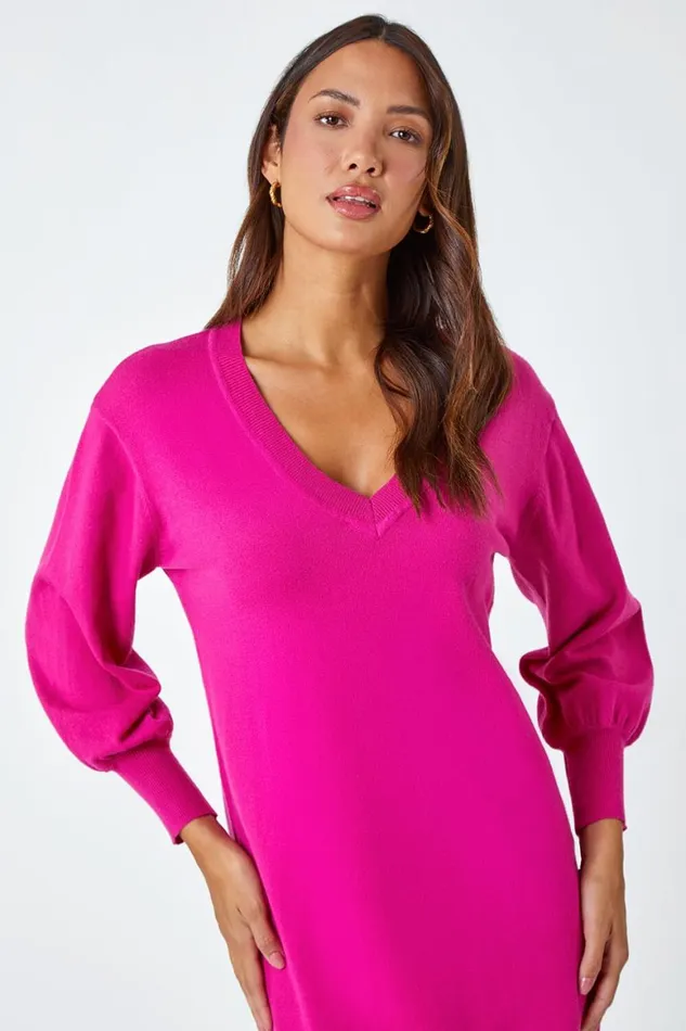 Women Fuchsia Knitted Jumper Dress Roman Dresses