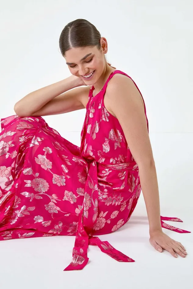 Women Fuchsia Metallic Floral Halter Neck Midi Dress Roman Dresses