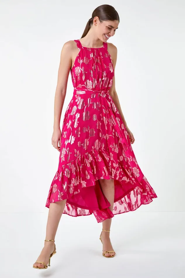 Women Fuchsia Metallic Floral Halter Neck Midi Dress Roman Dresses