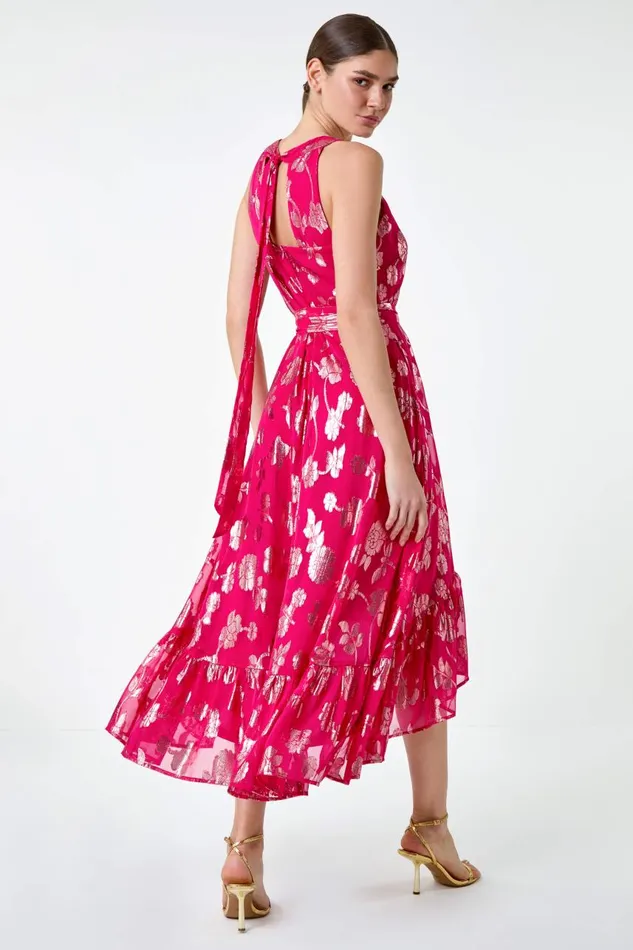 Women Fuchsia Metallic Floral Halter Neck Midi Dress Roman Dresses