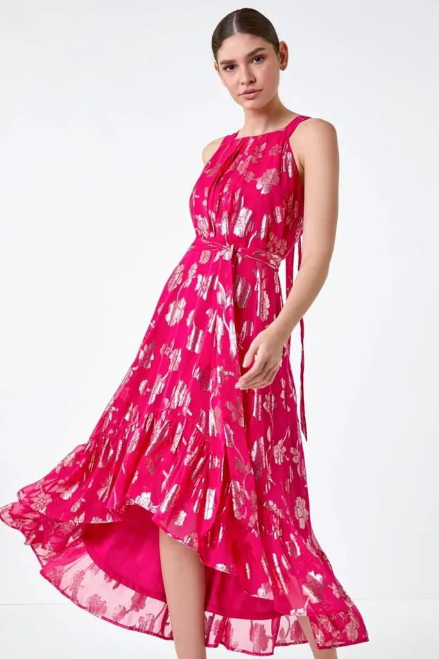 Women Fuchsia Metallic Floral Halter Neck Midi Dress Roman Dresses