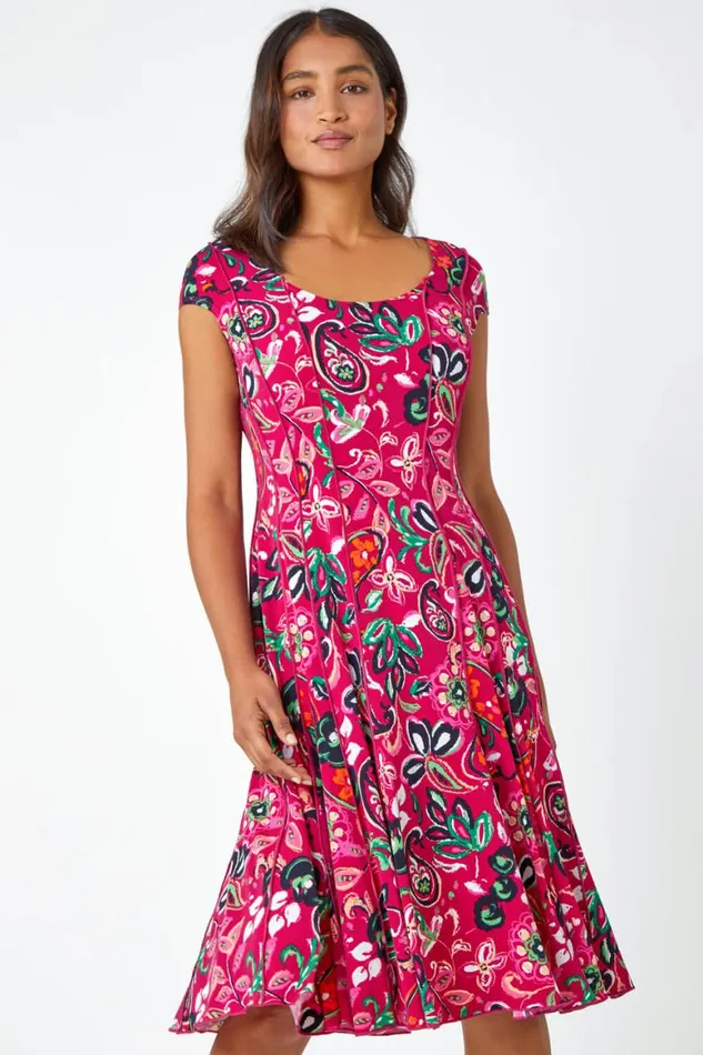 Women Fuchsia Paisley Print Panelled Stretch Dress Roman Dresses