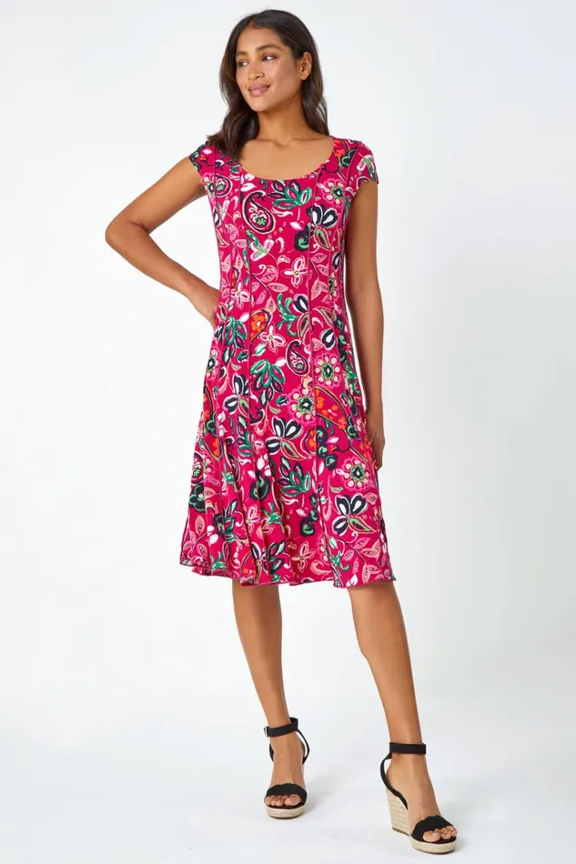 Women Fuchsia Paisley Print Panelled Stretch Dress Roman Dresses