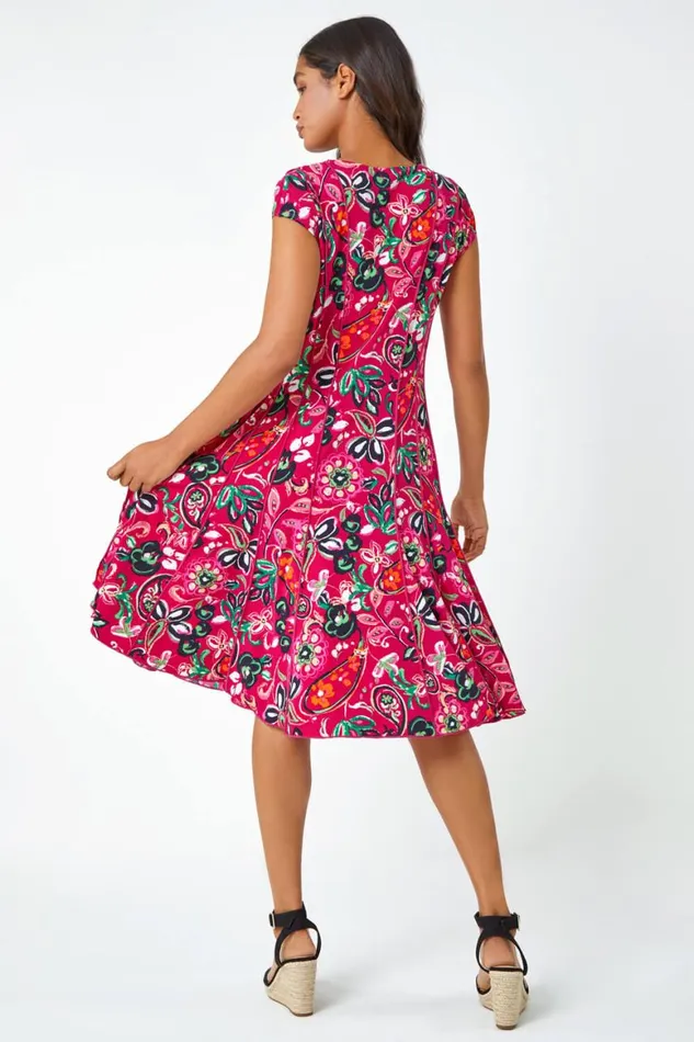 Women Fuchsia Paisley Print Panelled Stretch Dress Roman Dresses