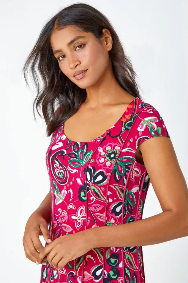 Women Fuchsia Paisley Print Panelled Stretch Dress Roman Dresses