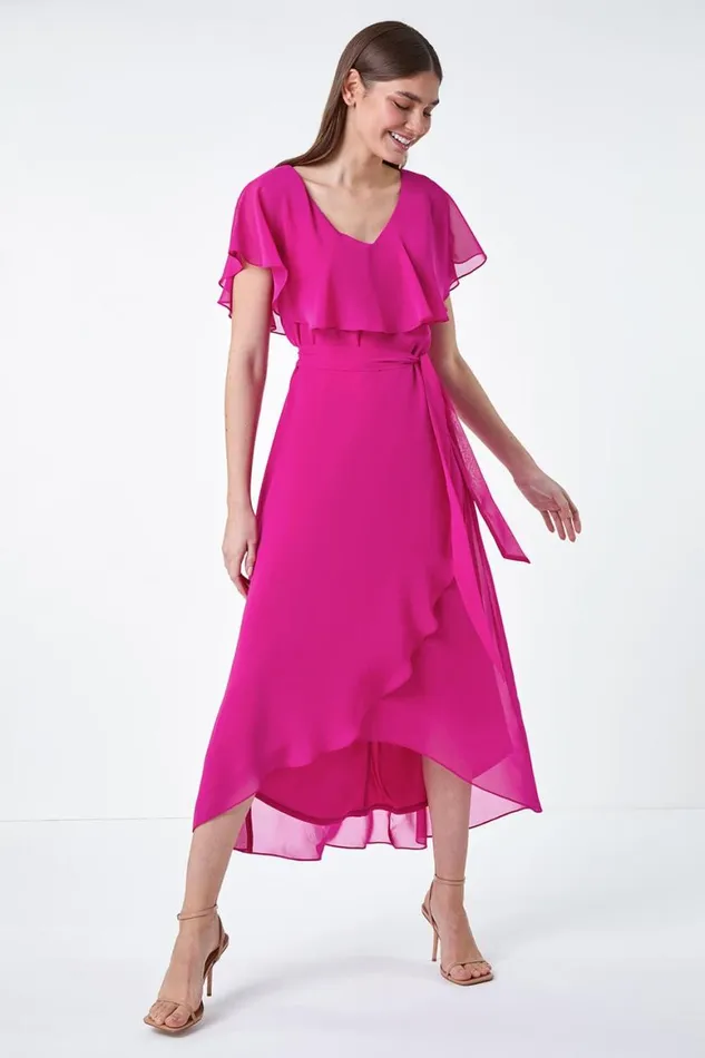 Women Fuchsia Plain Chiffon Midi Wrap Dress Roman Dresses