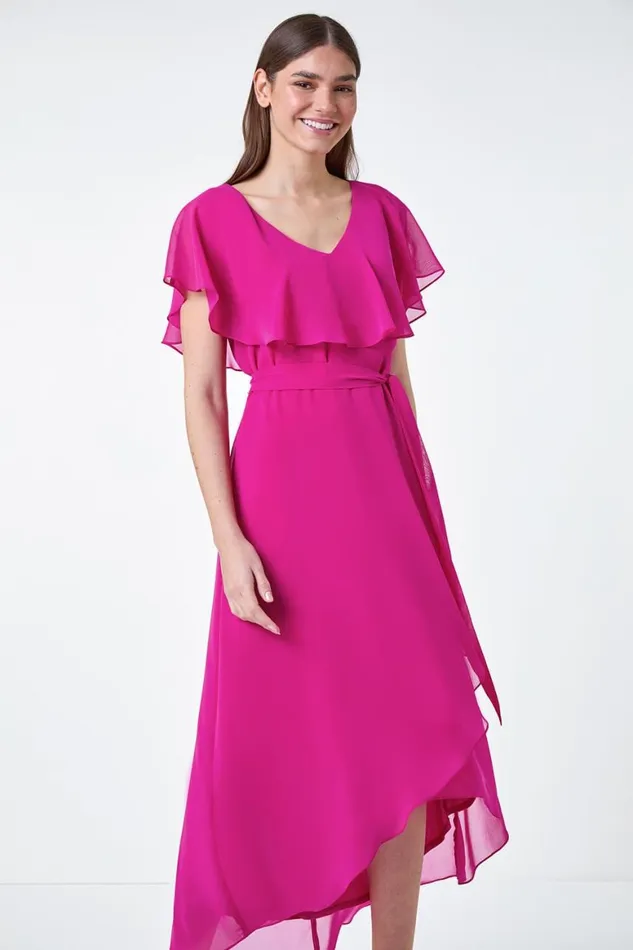 Women Fuchsia Plain Chiffon Midi Wrap Dress Roman Dresses