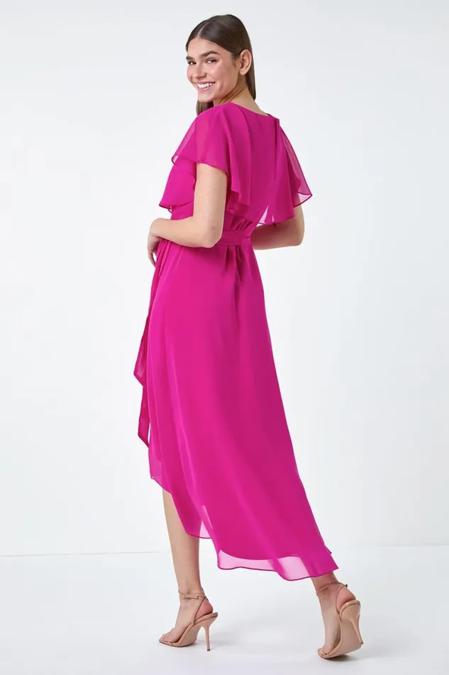 Women Fuchsia Plain Chiffon Midi Wrap Dress Roman Dresses