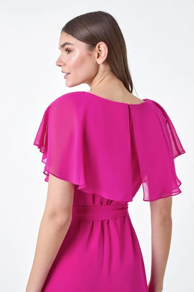 Women Fuchsia Plain Chiffon Midi Wrap Dress Roman Dresses