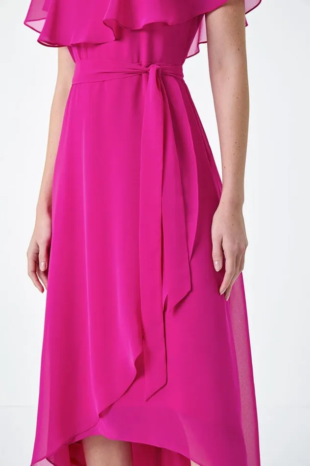 Women Fuchsia Plain Chiffon Midi Wrap Dress Roman Dresses