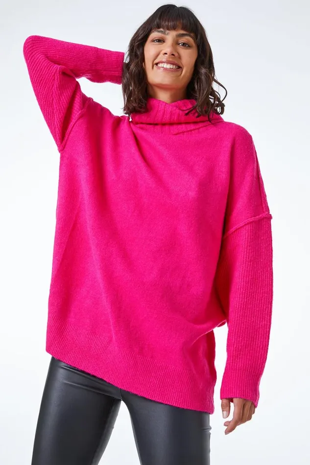 Women Fuchsia Relaxed Roll Neck Jumper Roman Knitwear