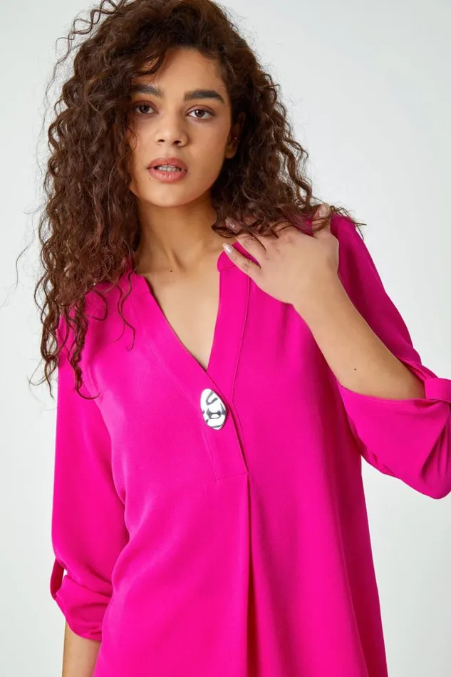 Women Fuchsia VNeck Longline Button Detail Tunic Top Roman Tops