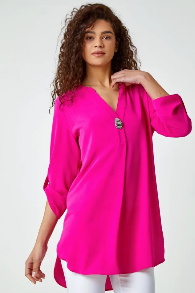 Women Fuchsia VNeck Longline Button Detail Tunic Top Roman Tops
