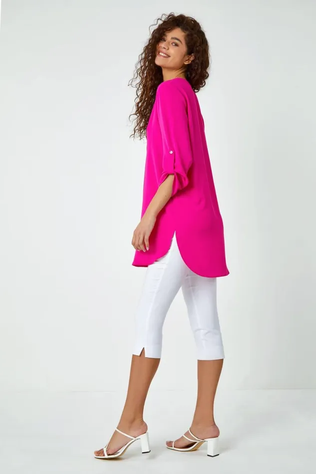 Women Fuchsia VNeck Longline Button Detail Tunic Top Roman Tops