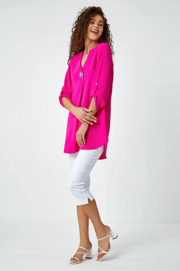 Women Fuchsia VNeck Longline Button Detail Tunic Top Roman Tops