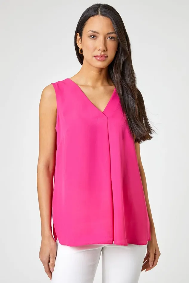 Women Fuchsia VNeck Sleeveless Vest Pleat Top Roman Tops