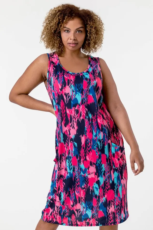 Women Fuschia Curve Abstract Print Cocoon Dress Roman Dresses