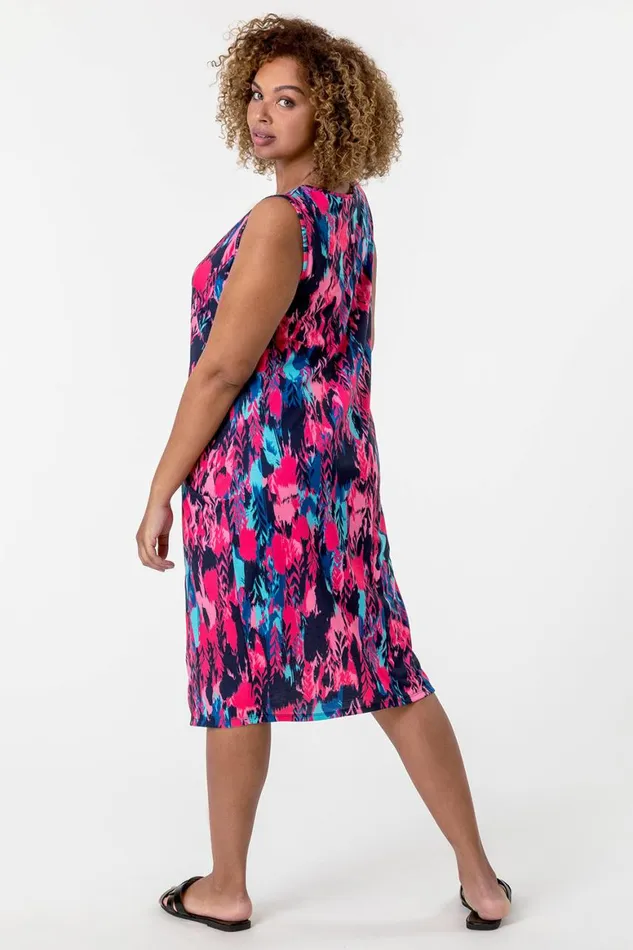 Women Fuschia Curve Abstract Print Cocoon Dress Roman Dresses