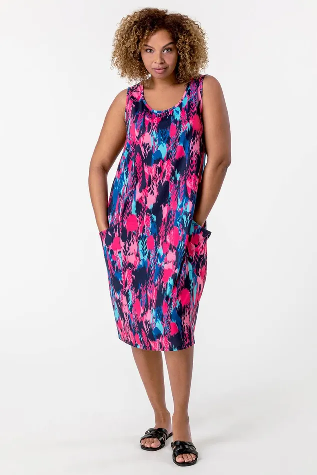 Women Fuschia Curve Abstract Print Cocoon Dress Roman Dresses