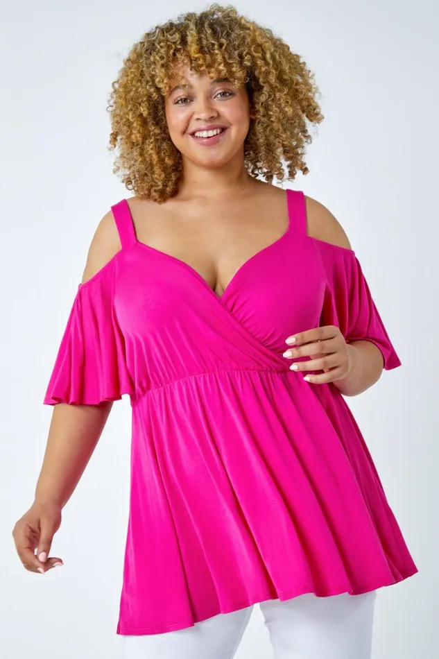 Women Fushcia Curve VNeck Cold Shoulder Wrap Top Roman Tops