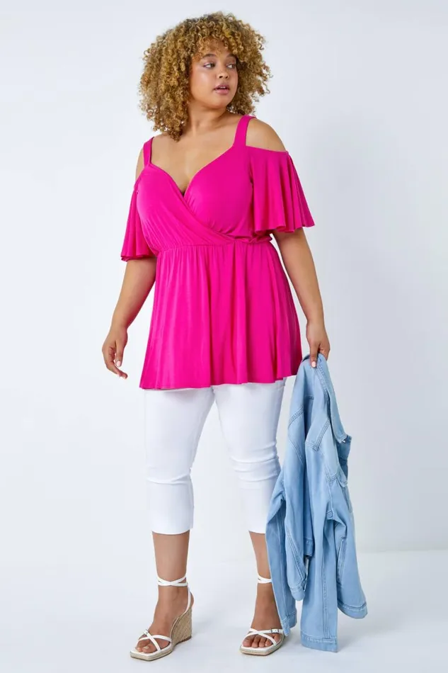 Women Fushcia Curve VNeck Cold Shoulder Wrap Top Roman Tops