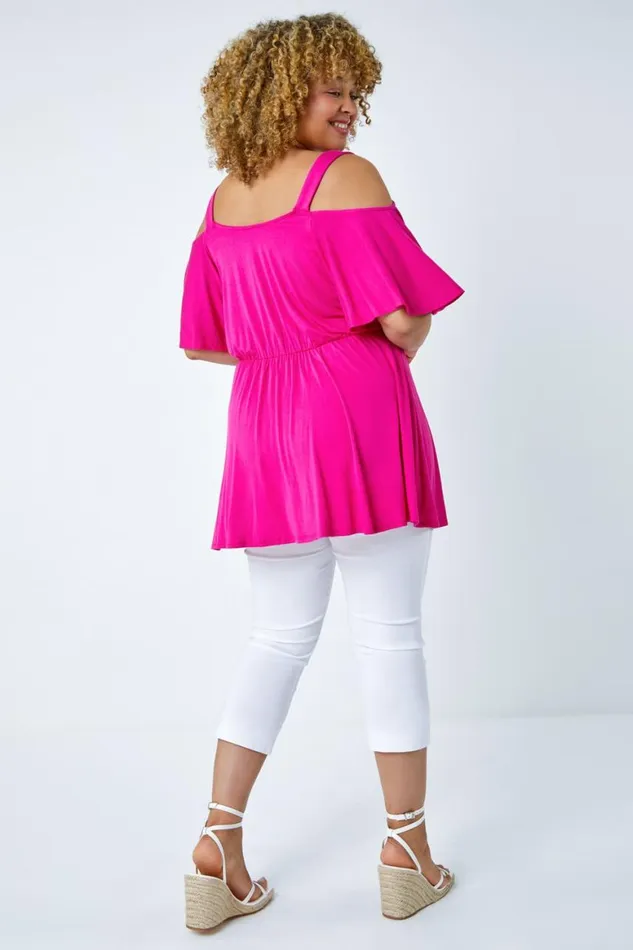 Women Fushcia Curve VNeck Cold Shoulder Wrap Top Roman Tops