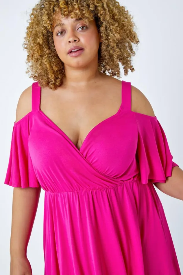 Women Fushcia Curve VNeck Cold Shoulder Wrap Top Roman Tops