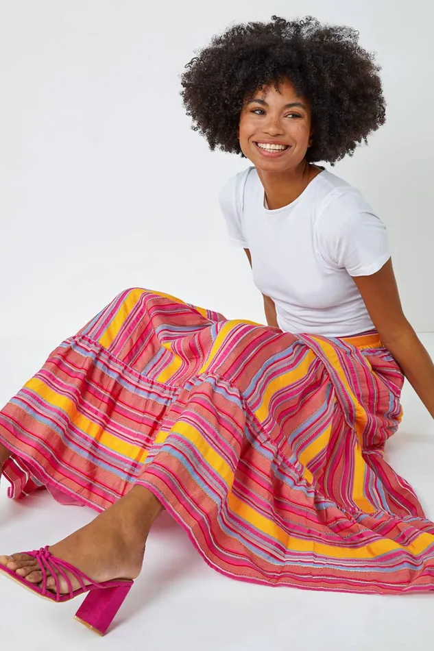 Women Fushcia Tiered Striped Elastic Waist Maxi Skirt Roman Skirts