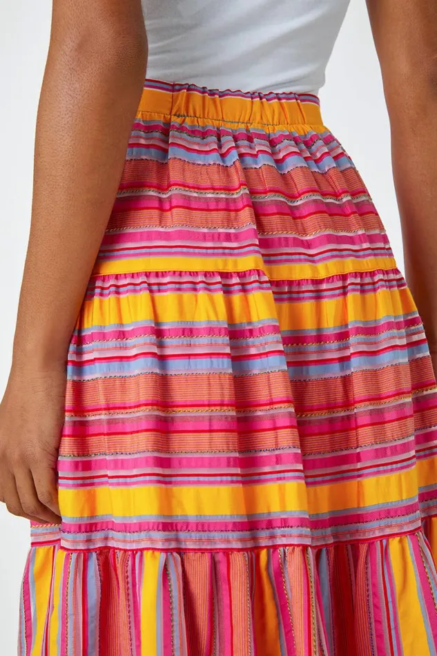 Women Fushcia Tiered Striped Elastic Waist Maxi Skirt Roman Skirts