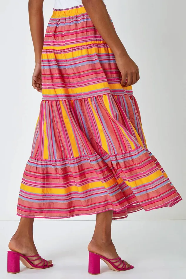 Women Fushcia Tiered Striped Elastic Waist Maxi Skirt Roman Skirts