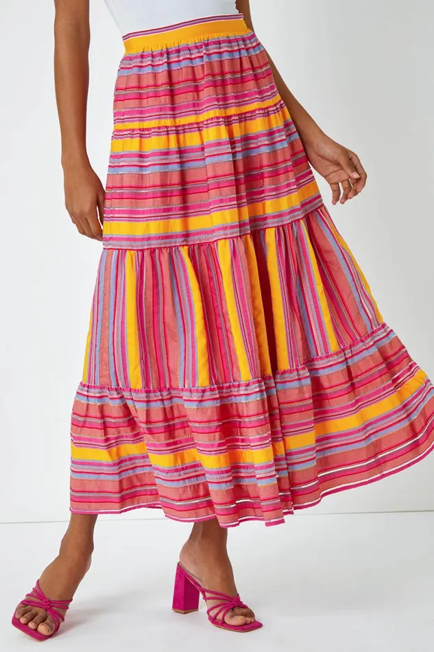 Women Fushcia Tiered Striped Elastic Waist Maxi Skirt Roman Skirts