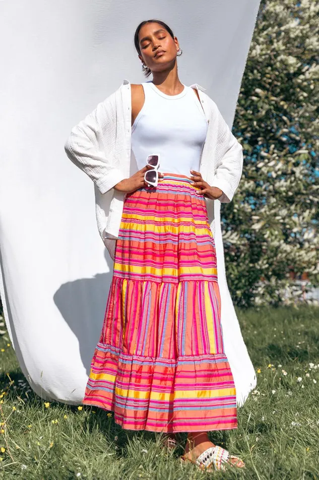Women Fushcia Tiered Striped Elastic Waist Maxi Skirt Roman Skirts