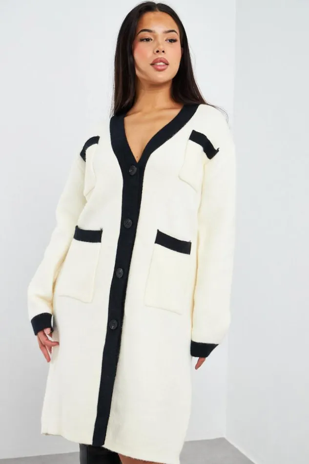 Women Gilet Long Bicolore cruNoir Ecru Brentiny Paris Cardigans