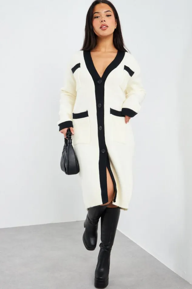 Women Gilet Long Bicolore cruNoir Ecru Brentiny Paris Cardigans