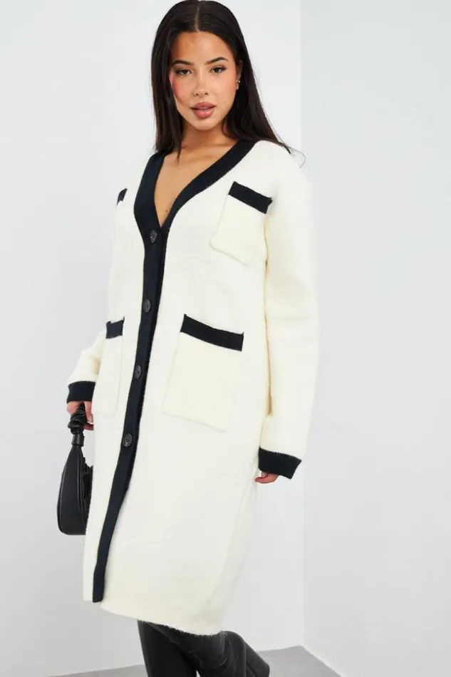 Women Gilet Long Bicolore cruNoir Ecru Brentiny Paris Cardigans