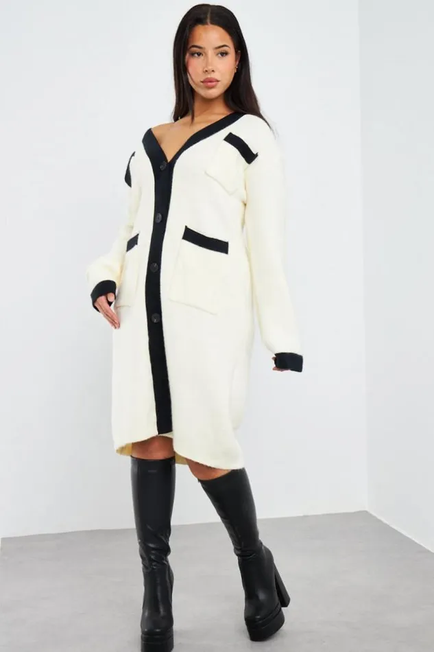 Women Gilet Long Bicolore cruNoir Ecru Brentiny Paris Cardigans