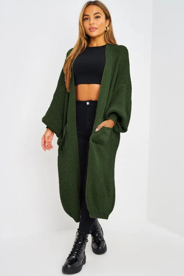 Women Gilet Long Kaki En Grosses Mailles Khaki Brentiny Paris Cardigans